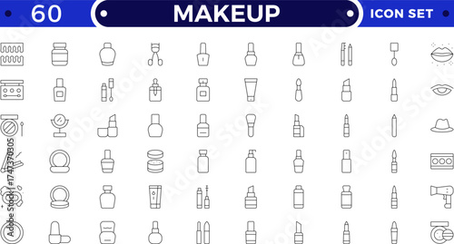 Makeup outline icon set. Sun and Protection icon set. Contains icons sunscreen, ultraviolet, sunglasses, SPF protection, umbrella, sunburn, sun hat and more.