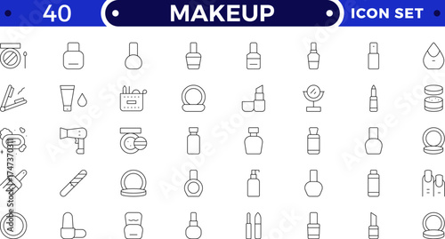 Makeup outline icon set. Sun and Protection icon set. Contains icons sunscreen, ultraviolet, sunglasses, SPF protection, umbrella, sunburn, sun hat and more.
