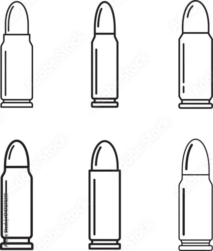 Collection of six different handgun bullet outlines in a simple clean vector illustration style