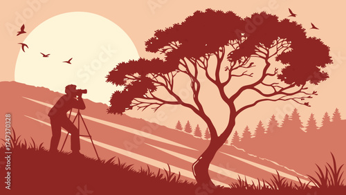 Photographer with tripod taking pictures of nature landscape scenic view at sunset birds flying silhouette illustration.