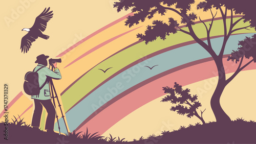 Photographer with tripod capturing a rainbow and birds in flight.