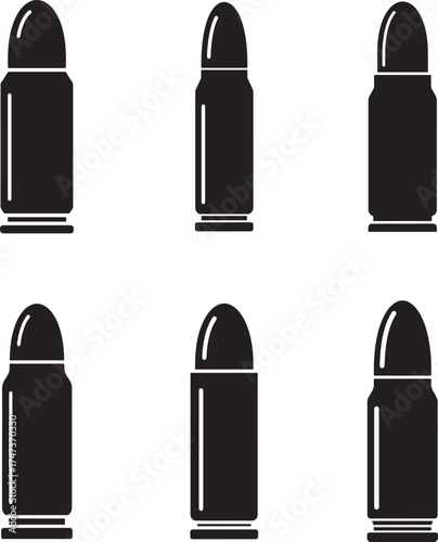 Six black silhouette icons of ammunition cartridges on a white background