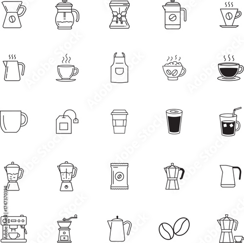 Barista Tools and Coffee Brewing Methods Icon Set