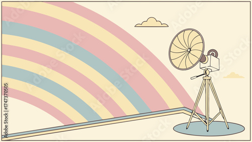 Retro Film Projector on Tripod Against Pastel Rainbow Background.