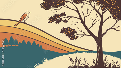 Retro Landscape Illustration Bird on Hilltop with Tree and Sunset Stripes.