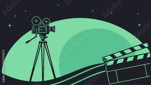 Retro Movie Camera and Clapperboard Illustration Filmmaking Equipment Cinema Production Design Video Production Movie Making Film Industry Director Movie Set Vintage Camera Classic Camer.
