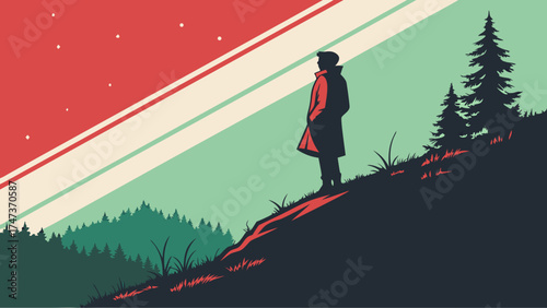 Retro illustration of a person standing on a hill overlooking a forest under a stylized sky.