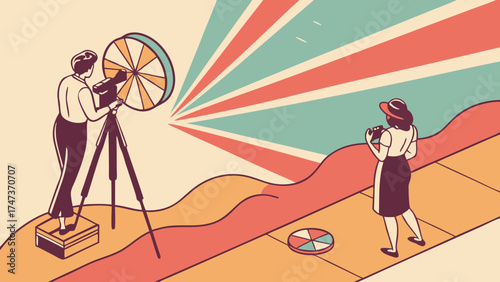 Retro Photography Illustration Two Figures with Vintage Cameras and Color Filters.