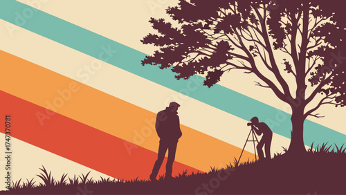 Retro Silhouette of Photographer Shooting a Person Under a Tree Outdoor Photography Vintage Style Illustration.