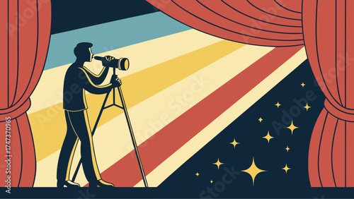 Retro style illustration of a person using a camera on a tripod on stage with curtains and a starry night background.