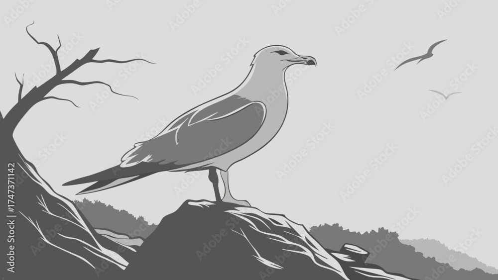 Fototapeta premium Seabird perched on a rock overlooking a landscape with a dead tree and flying birds in the background.