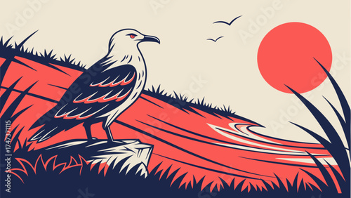 Seabird perched on a rock at sunset vector illustration coastal scene wildlife art.