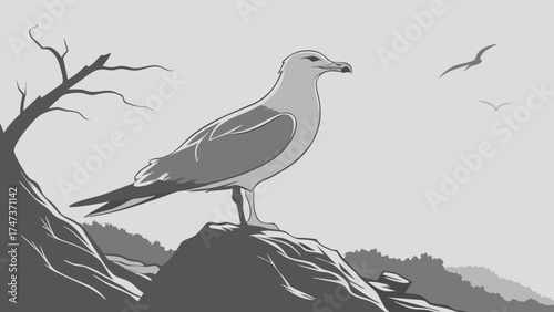 Seabird perched on a rock overlooking a landscape with a dead tree and flying birds in the background.