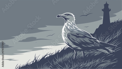 Seabird on a Cliffside with Lighthouse under a Cloudy Sky Monochrome Illustration.