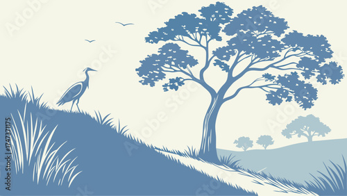 Serene Bird and Tree Silhouette Landscape Illustration in Blue Tones.