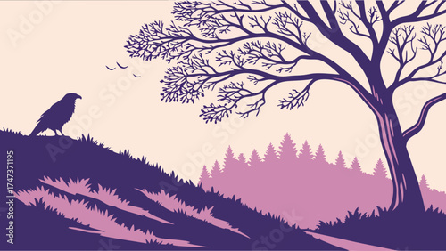 Serene Bird Silhouette in a Purple Forest Landscape Nature Illustration Wildlife Art Minimalist Design.