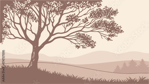 Serene landscape illustration tree hills and grass in muted tones.