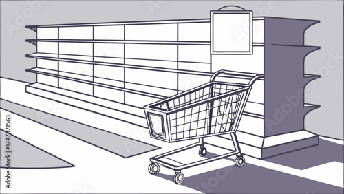 Empty Shopping Cart in Supermarket Aisle Retail Store Illustration Grocery Store Design Simple Line Art Minimalist Style.