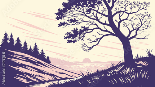 Serene landscape illustration tranquil nature scene with trees hills and water peaceful sunset view vector art graphic design minimalist illustration calming artwork nature background i.