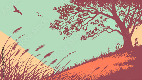 Serene Nature Scene with Tree Silhouette Birds and Grass Ideal for Design Projects and Print Media.