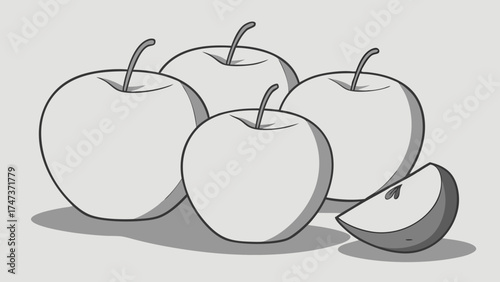 Four Apples and a Slice Simple Grey Scale Fruit Illustration Healthy Eating Graphic Design Element.