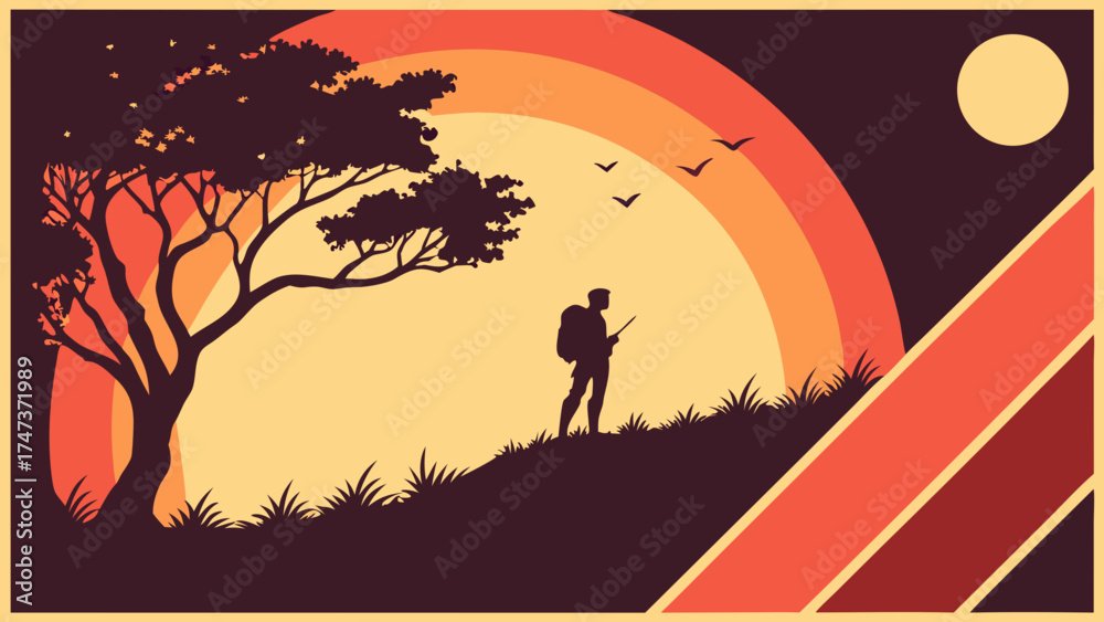 Naklejka premium Silhouette of a hiker at sunset with a tree and birds retro style illustration.