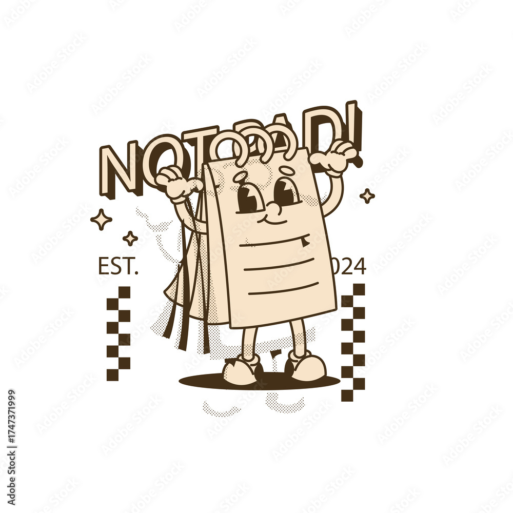 Naklejka premium Retro Cartoon Notepad Character with Happy Expression and Light Brown Color Palette and Outline Border Design