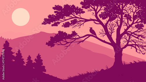 Silhouette of a bird perched on a tree branch overlooking a mountain range at sunset or sunrise.
