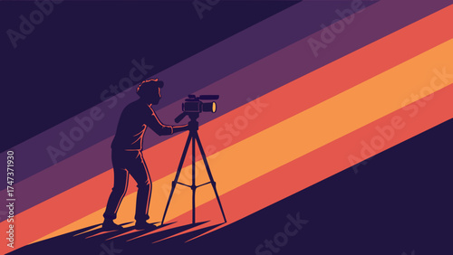 Silhouette of a Cameraman with a Video Camera on a Tripod Against a Colorful Background.