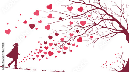 Silhouette of a child walking past a tree adorned with hearts romantic illustration for Valentines Day or love-themed designs.