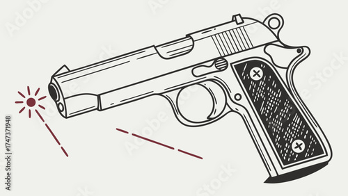 Handgun Gun Pistol Weapon Firearm Hand Drawn Sketch Illustration Design Element Graphic Black and White Vintage Retro Outlaw Western Crime Danger Bullet Shooting Aim Trigger.