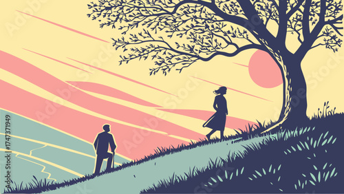 Silhouette of a couple walking on a hill with a tree and sunset background vector illustration.