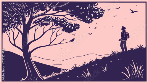 Silhouette of a hiker admiring a scenic landscape with birds and a tree at sunset.