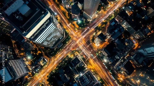 Aerial View of City Intersection at Night with Lights