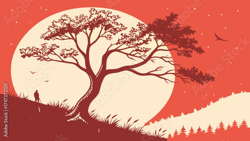 Silhouette of a Person Contemplating Nature at Sunset with a Large Tree and Forest in the Background.