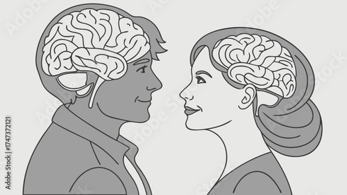 Illustration of Two Heads Showing Brain Anatomy Medical Illustration Psychology Concept.
