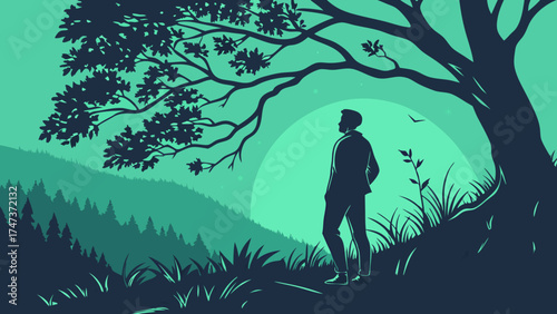 Silhouette of a man standing in a forest at night looking at a mountain range under a large tree.