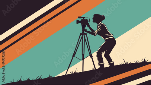 Silhouette of a Person Filming with a Video Camera on a Tripod Retro Style Illustration.