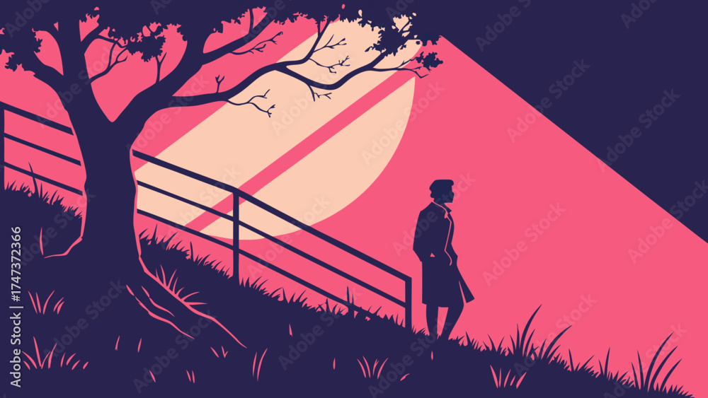 Fototapeta premium Silhouette of a Person Standing on a Hillside at Sunset with a Tree and Fence Minimalist Vector Illustration.