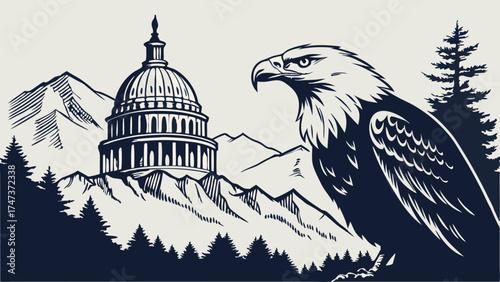 Majestic Eagle and Government Building in Mountain Landscape - Vintage Style Illustration.