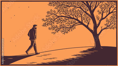 Man walking near a tree at sunset vector illustration minimalist design autumnal scene.