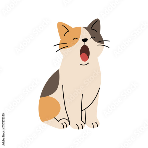 Cartoon cat sitting and yawning. Flat vector illustration of adorable pet feline animal