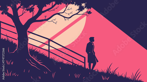 Silhouette of a Person Standing on a Hillside at Sunset with a Tree and Fence Minimalist Vector Illustration.