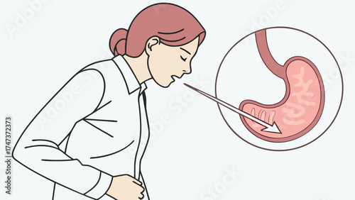 Medical Illustration Person Experiencing Stomach Ache with Digestive System Diagram.