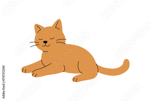 Cartoon orange cat lying down with closed eyes. Flat vector illustration of relaxed feline pet animal