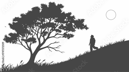 Silhouette of a person walking uphill towards a tree under a moonlit sky nature illustration vector graphic.
