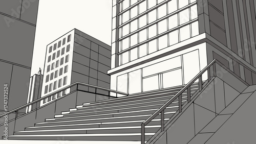 Modern city stairway urban architecture grayscale illustration exterior design building facade steps railing contemporary design architectural drawing black and white illustration urban.