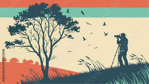 Silhouette of a photographer capturing natures beauty amidst a scenic landscape with birds in flight and a tree.