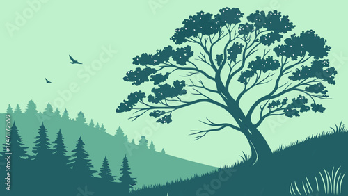 Nature illustration green landscape with trees birds flying hill forest vector art nature background ecology environment graphic design element artistic illustration serene landscape.