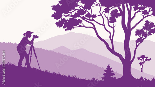Silhouette of a photographer using a tripod in a mountain landscape with trees and purple hues.